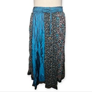Mix Nouveau Patchwork Midi Skirt XL Boho Teal Animal Print Jingle Charm